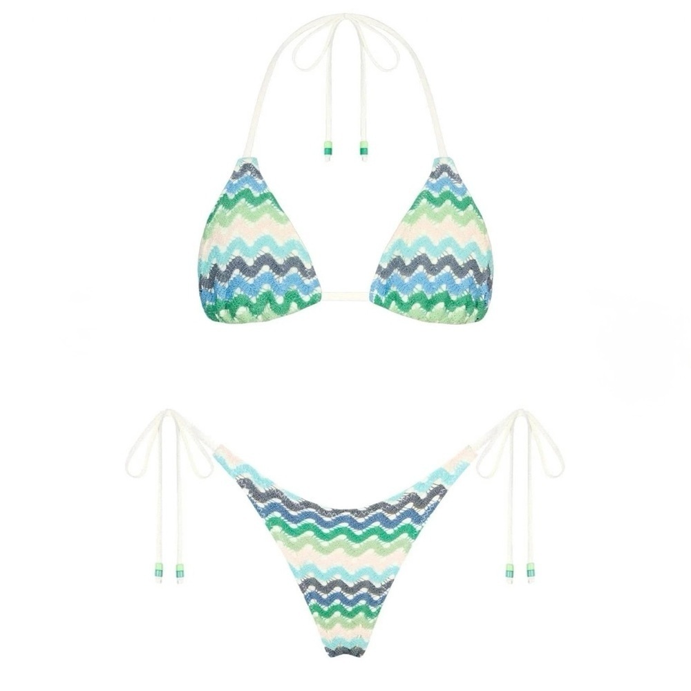 NWT OneOne Swimwear Bikini Set Ithaca Knit Crochet Medium XS New Blue Green - Picture 7 of 7
